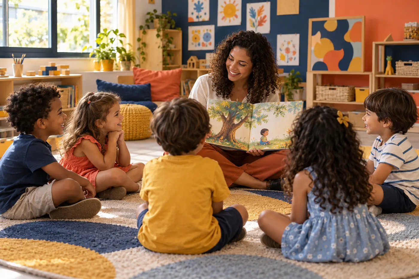 Professora lendo para crianças da Educação Infantil